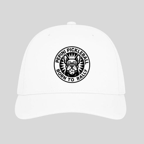 White cap with black logo and text on a gray background